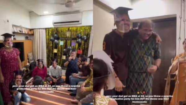 A Mumbai-based man has achieved an academic milestone by completing his MBA degree at the age of 52. To mark the occasion, his son organised a surprise party with a playful twist — everyone wore masks featuring his father's face along with a master's cap.