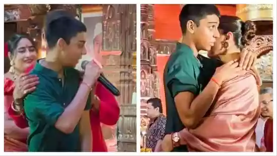 Actors Kajol and Ajay Devgn's son, Yug Devgn caught everyone's attention on Maha Ashtami at the Durga Puja celebrations in Mumbai. Known for his shy nature, Yug hesitated when the priest handed him the microphone but eventually chanted, creating a sweet moment. A video of it has now emerged on social media.