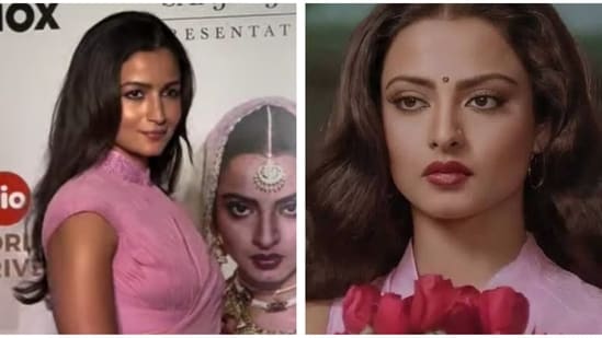 Alia Bhatt took serious fashion inspiration from Rekha's look in Yash Chopra's Silsila as she graced the screening of Umrao Jaan. Alia Bhatt is a certified Rekha fangirl! The actor attended the screening of Umrao Jaan in a beautiful pink saree, which was fashioned as a tribute to one of Rekha's iconic saree looks in Silsila. The look was styled by Rhea Kapoor. (Also read: Rekha hugs Tabu, poses with paparazzi at Umrao Jaan screening. Watch)