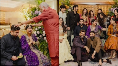 Arjun Kapoor's sister Anshula Kapoor got engaged to her boyfriend Rohan Thakkar on October 2. It was an intimate engagement ceremony at her father Boney Kapoor's Bandra residence, and the entire Kapoor clan was seen arriving for the celebration. Now, two days later, Anshula has finally shared official photos from the ‘Gor Dhana' or the engagement ceremony. She shared lovely photos with her brother Arjun Kapoor, sisters Janhvi Kapoor, Khushi Kapoor, and their father Boney Kapoor. Sonam Kapoor, Shikhar Pahariya, Shanaya Kapoor, Rhea Kapoor were also seen in the lovely photos.