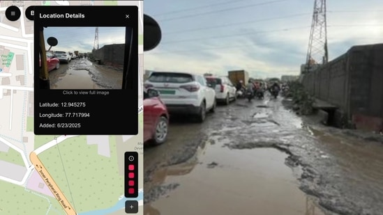 ‘Bengaluru Live Potholes Map’, most likely aims to crowdsource road hazard data, offering real-time repository of unaddressed potholes across the city. A Bengaluru techie recently spotted a civic-tech initiative that is winning hearts online. Sharing a screenshot of a website titled blr-potholes.pages.dev, the user, Shantanu Goel, posted a pothole's geo-tagged image and wrote, “Someone created this with the intent to make the roads safer in Bengaluru. I hope they are not persecuted by the machinery instead. Also, this should be called a crater, not a pothole!”