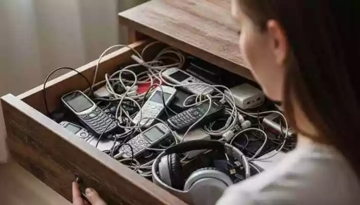 Drawer full of old tech gadgets