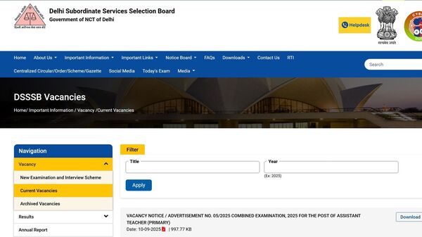 DSSSB vacancy 2025: The Delhi Subordinate Services Selection Board (DSSSB) released a notification about Assistant Primary Teacher job vacancy. This recruitment drive is to fill up a total of 1180 Assistant Teacher posts and interested candidates can apply online at the official website, dsssb.delhi.gov.in.
