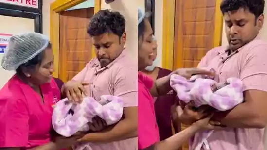 Father’s adorable first reaction to holding newborn goes viral online