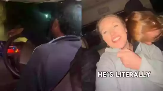 Foreign woman amused as car horn gives up after overuse during road trip