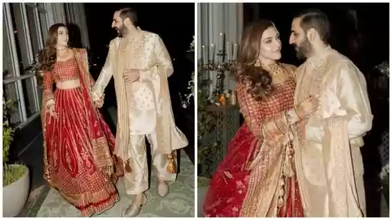 Indian actor stuns in red lehenga by Pakistani designer at wedding celebration