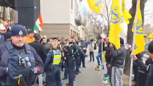Indian nationals confronted pro-Khalistan supporters during the 79th Independence Day celebrations at the Indian Embassy in Melbourne, Australia on Friday. As Indian community members in Melbourne gathered at the embassy to hoist the Indian national flag, a group of Khalistani supporters held a protest and attempted to disrupt the event.