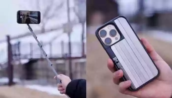Phone cover turns into a long selfie stick with built-in remote
