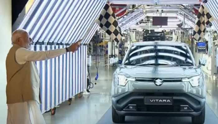 Prime Minister Narendra Modi, who is on a two-day visit to his home state, Gujarat, inaugurated and flagged off a 'Made in India' e-Vitara SUV, the first global strategic Battery Electric Vehicle (BEV) of Suzuki, on Tuesday. Ahmedabad: Prime Minister Narendra Modi, who is on a two-day visit to his home state, Gujarat, inaugurated and flagged off a 'Made in India' e-Vitara SUV, the first global strategic Battery Electric Vehicle (BEV) of Suzuki, on Tuesday. The inauguration by the Prime Minister took place in the presence of Gujarat Chief Minister Bhupendra Patel and the Ambassador of Japan, Keiichi Ono.