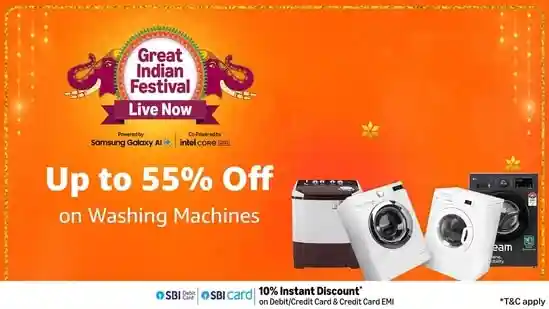 This Diwali, it's finally easy to get a good washing machine for every home. Amazon's Great Indian Festival has options from ₹10,000 to ₹50,000 - Samsung, LG, IFB, Bosch, Voltas, Godrej, Haier and Panasonic all up for grabs. You're not just buying an appliance; you're freeing up evenings and weekends, beating laundry stress after a long workday. Big families get allergy-care and safe cycles. Singles get no-fuss top-loaders. Quiet motors mean no one loses sleep. Steam wash, extra savings on water, tough builds, these machines actually work, not just talk. Quick washes for everyday use, extra care for delicate fabrics, festival prices that help you upgrade right now. Cashbacks and EMI plans do the rest. This season, picking a quality washing machine is simple and worth it.This Diwali, it's finally easy to get a good washing machine for every home. Amazon's Great Indian Festival has options from ₹10,000 to ₹50,000 - Samsung, LG, IFB, Bosch, Voltas, Godrej, Haier and Panasonic all up for grabs. You're not just buying an appliance; you're freeing up evenings and weekends, beating laundry stress after a long workday. Big families get allergy-care and safe cycles. Singles get no-fuss top-loaders. Quiet motors mean no one loses sleep. Steam wash, extra savings on water, tough builds, these machines actually work, not just talk. Quick washes for everyday use, extra care for delicate fabrics, festival prices that help you upgrade right now. Cashbacks and EMI plans do the rest. This season, picking a quality washing machine is simple and worth it.