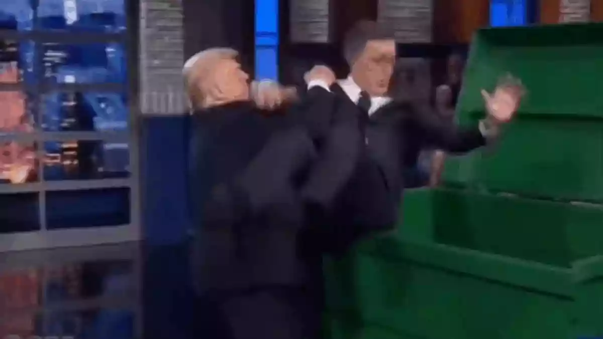 Trump Shares AI Video Of Throwing Stephen Colbert Into Trash Bin As Late Night Show Host Exits CBS