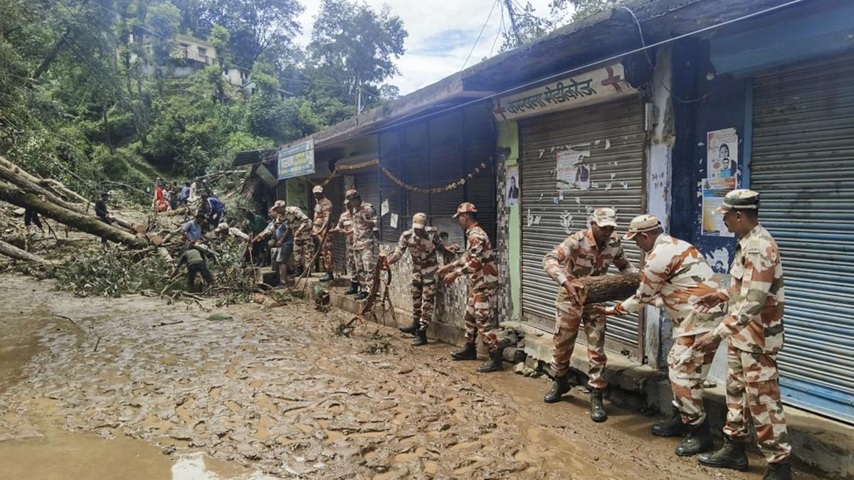 Two people are missing after heavy rains and flash floods hit Tharali in Chamoli district of Uttarakhand in the intervening night of Friday (August 22, 2025) and Saturday (August 23, 2025). Several homes have also been washed away. Debris deposited at the Tharali tehsil office and the surrounding houses after a rain drain gave in.