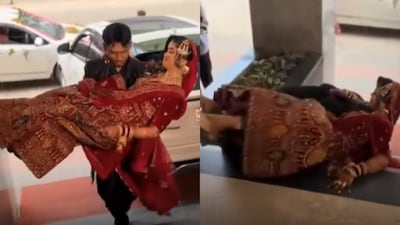 Weddings are now all about grand entries and unforgettable moments, with couples going the extra mile to create something memorable. A viral video now shows a groom attempting a dramatic gesture by carrying his bride up the stairs for a royal-style entry. Unfortunately, things didn't go as planned, and the video has left the internet both shocked and amused.