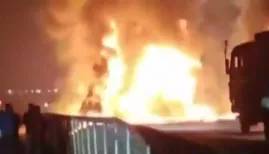 The accident took place when a lorry travelling from Hiriyur towards Bengaluru veered across the central divider and crashed into an oncoming bus