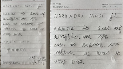 A 5-year-old girl from Bengaluru wrote a heartfelt letter to Prime Minister Narendra Modi. What was in the letter? She requested PM Modi to help find a solution for the city's notorious traffic congestion and poor road conditions. In the most innocent way, the little girl, Arya, explained how the city's heavy traffic often causes her to be late for school.
