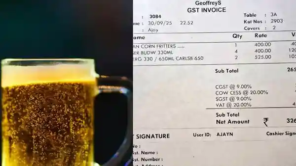 A bar bill from Rajasthan has gone viral on social media after a customer noticed a 20% “cow cess” added to his beer order in Jodhpur. The unusual charge has sparked widespread debate online, with many questioning the logic and transparency behind such a levy.A bar bill from Rajasthan has gone viral on social media after a customer noticed a 20% “cow cess” added to his beer order in Jodhpur. The unusual charge has sparked widespread debate online, with many questioning the logic and transparency behind such a levy.According to the viral bill, the customer had ordered corn fritters and six beers at Geoffrey's bar in Jodhpur's Park Plaza on September 30. The total before taxes was ₹2,650, but after adding GST, VAT, and a 20% cow cess, the final bill rose to ₹3,262.The term “cow cess” left several internet users puzzled, prompting discussions about whether it was a new charge. However, both the state government and hotel authorities clarified that the cess is not new — it was introduced in 2018 under the Rajasthan Value Added Tax Act, 2003.