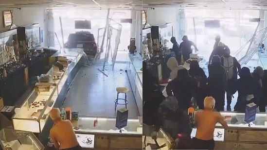 A shocking surveillance video from San Jose is going viral online, showing a violent smash-and-grab robbery at a local jewellery store that left an elderly employee injured. The footage going viral on social media captures the moment a vehicle reverses into the front entrance of Kim Hung Jewelry. Within seconds, a large group of masked individuals rushes inside the store, smashing glass display cases and grabbing jewellery in a chaotic scene.