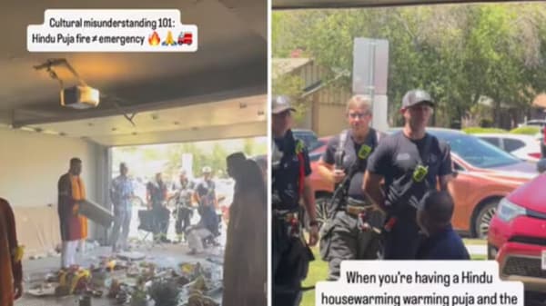 An Indian woman living in Texas recently shared a video showing firefighters arriving at her residence after her family conducted a Havan during a housewarming ceremony. The video, posted on Instagram, shows a fire truck parked outside the family's garage where the Havan was taking place, as several fire officials observed the ritual.