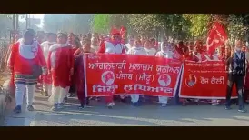 Anganwadi workers and helpers staged a massive protest near Gill Road on Monday, over extremely low wages and stagnant Integrated Child Development Services