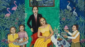 There is a painting near the entrance of Staged Realities that stopped visitors cold on opening night. A man on a bicycle loaded with a miscellany of wares —