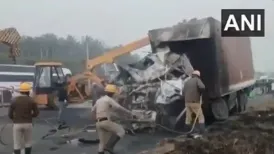 A collision between a lorry and a private bus happened near Gorlathu village in Chitradurga district on National Highway 48 in Karnataka on Thursday