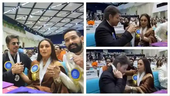 At the 71st National Film Awards ceremony, superstar Shah Rukh Khan had a little medal trouble and his friend and fellow winner Rani Mukerji came to his rescue. In a video that's now melting hearts online, Rani is seen helping Shah Rukh detangle and wear his medal following which both of them breaking into smiles. Fans can't get enough of the adorable moment, calling it pure joy wrapped in nostalgia.