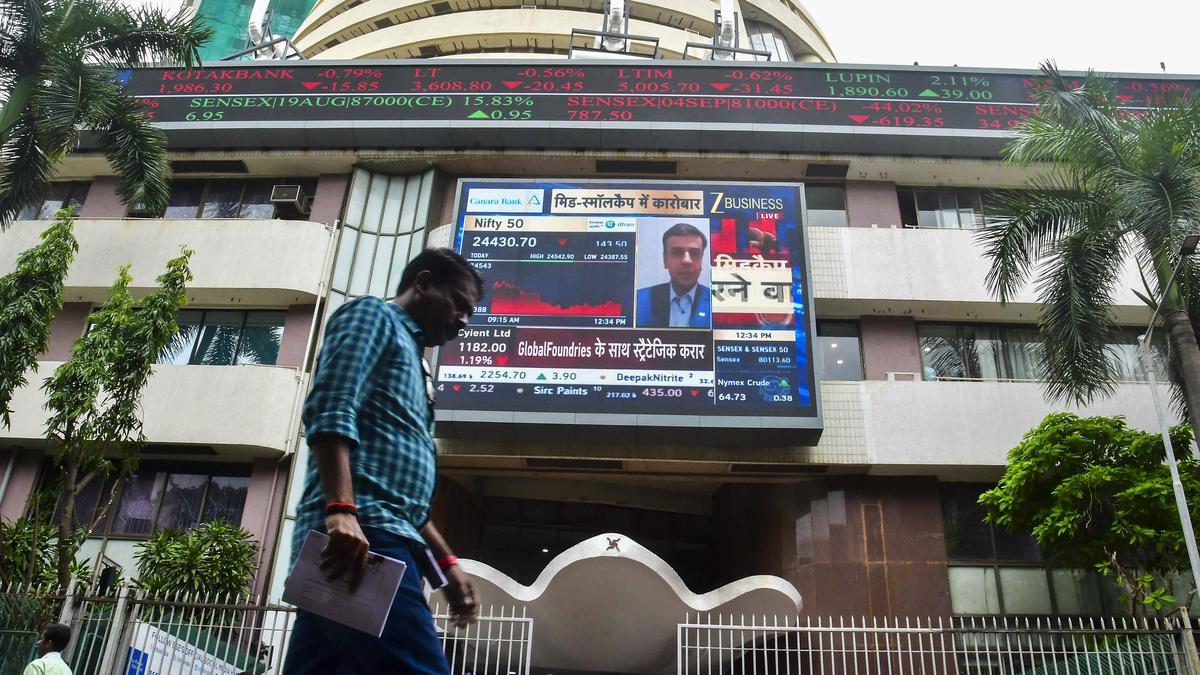 Benchmark indices Sensex and Nifty ended lower in a highly volatile trade on Tuesday (August 12, 2025) dragged down by blue-chip bank stocks and caution ahead of domestic and U.S. inflation data. The 30-share BSE Sensex dropped 368.49 points or 0.46% to settle at 80,235.59. During the day, it hit a high of 80,997.67 and a low of 80,164.36, gyrating 833.31 points.