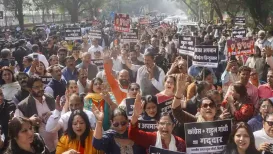 The BJP leaders and workers on Saturday (February 21, 2026) held a demonstration near Congress headquarters on Akbar Road here against a 