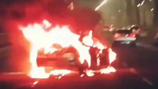 A car was set ablaze after collided with the divider on Mumbai's Bandra-Worli Sea Link. Several visuals of the horrific incident were shared on social media