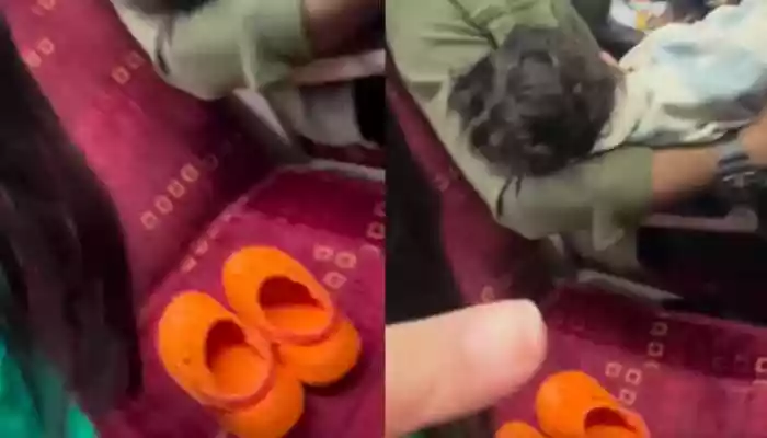 In the video, the woman pans the camera to show the slipper placed neatly on the plush seat, drawing attention to the contrast between the cost of the footwear