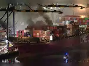 A fire aboard a ship at San Pedro port caused an explosion. All 23 crew members were safely evacuated. Hazardous materials were identified