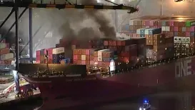 All crew members have been evacuated from a burning ship at San Pedro port on Friday (November 21, 2025), after a fire caused an explosion that disrupted power