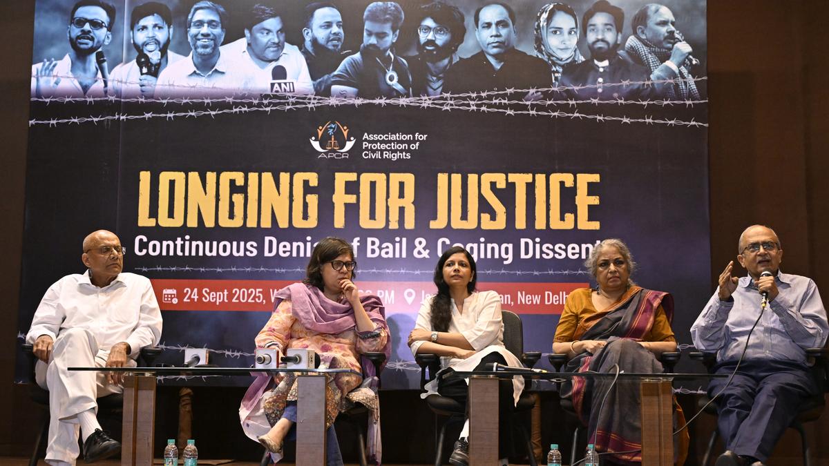 Describing the conspiracy angle in the 2020 Delhi riots case as “baseless” and “politically motivated”, a former judge, activists and lawyers on Wednesday (September 24, 2025) said bail should be given to those languishing in jail for years without trial after being slapped with the stringent Unlawful Activities (Prevention) Act, 1967.