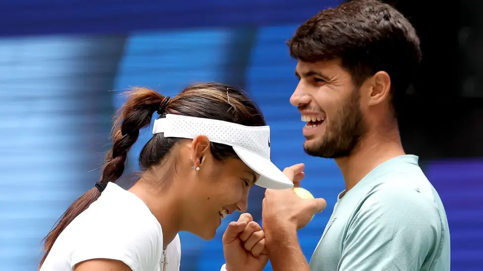 Emma Raducanu and Carlos Alcaraz might have lost in the revamped US Open mixed doubles - but they certainly won the hearts of the New York crowd.</b> In a party-like atmosphere at Arthur Ashe Stadium, Britain's Raducanu and Spain's Alcaraz saw their chances of claiming a $1m winning prize ended by fellow Briton Jack Draper and Jessica Pegula, who have reached Wednesday's semi-finals.