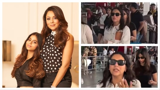 Gauri Khan and her daughter, Suhana, were spotted at the airport in Delhi on Wednesday, where they kept a low profile. Gauri Khan, renowned interior designer and wife of Shah Rukh Khan, was seen heading back home to Mumbai from Delhi with daughter Suhana Khan, while making a conscious effort to steer clear of photographers gathered there. She was also spotted stopping paparazzi from clicking pictures of Suhana. Also read: Shah Rukh Khan and family to move back to Mannat soon? Gauri Khan shares update on renovation work