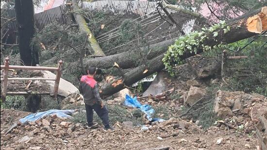 Heavy overnight rain triggered a landslide in Shimla's Benmore locality, forcing the evacuation of 30 families, while the road to Jakhu was also blocked after a mudslide, while a cloudburst in Kullu's Lug valley swept away three shops early on Tuesday, officials said.