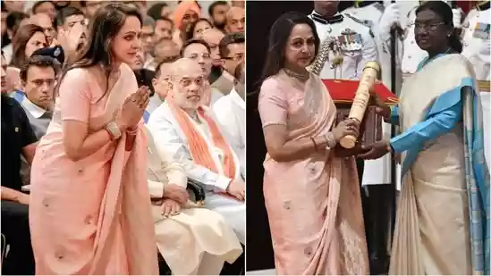 <h4>Hema Malini’s blush pink saree for receiving Dharmendra’s Padma Vibhushan is all about elegance and simplicity. See