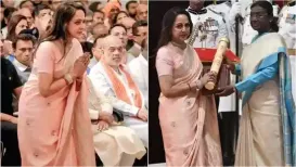 <h4>Hema Malini’s blush pink saree for receiving Dharmendra’s Padma Vibhushan is all about elegance and simplicity. See