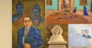 Light falls on a hand-sculpted pedestal with two busts, backs to each other. Below one is the inscription “Dr Rohith Vemula”, a reminder of the unfulfilled