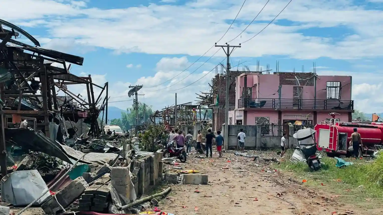 At least 46 people have been killed and dozens more wounded after an explosion in a village in a region of Myanmar under insurgent control
