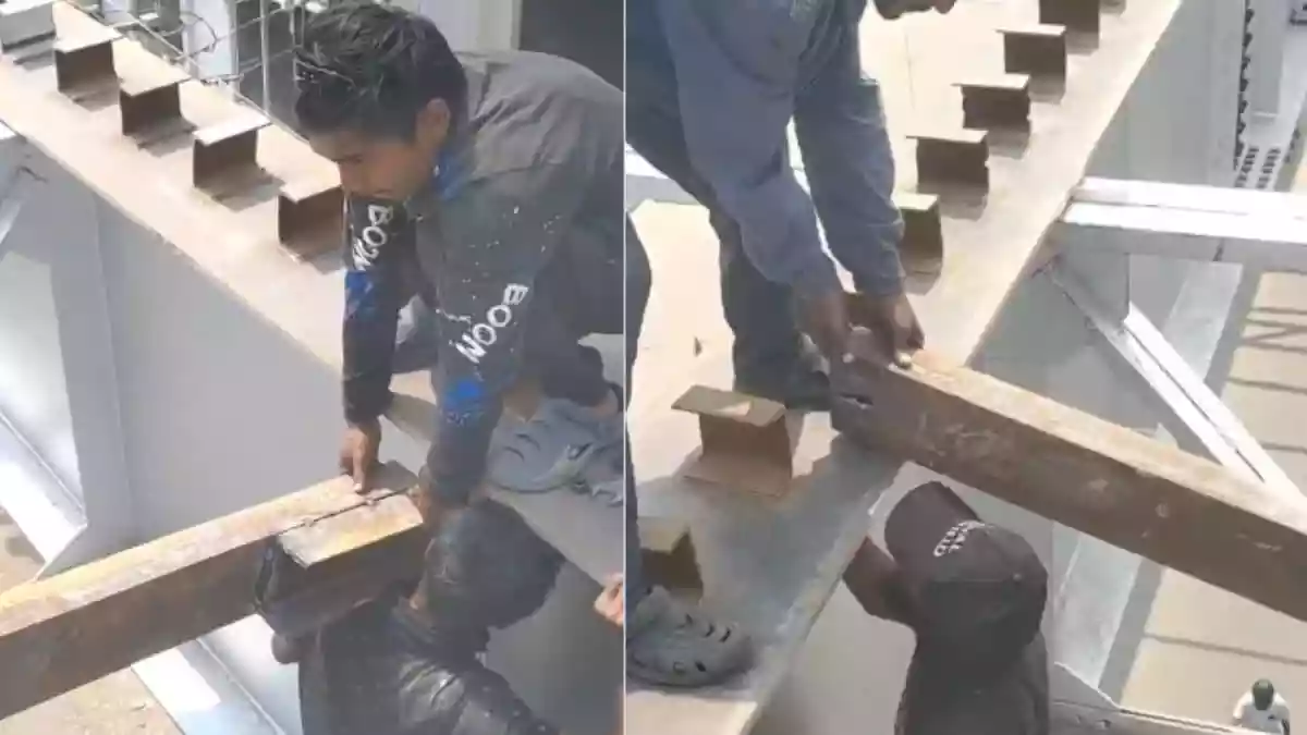 In Hyderabad’s Santosh Nagar, workers were seen handling heavy iron rods while constructing a steel bridge even as vehicles continue to move directly below