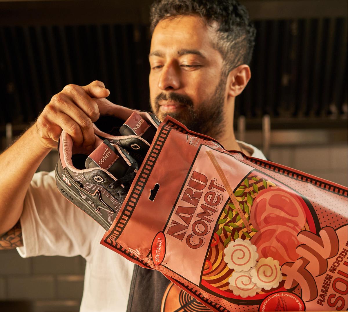 I noisily tear open my Naru ramen noodle soup packet and a pair of sneakers tumble out. These sneakers have — hold your breath — chopsticks sticking out of them, not by accident but by design. This is the result of a collaboration between homegrown sneaker brand Comet and Naru Noodle Bar, Bengaluru. While a footwear label and restaurant collab is unusual, it's not unheard of. In the past we have seen Burger King X Fila, (Dubai-based Pakistani restaurant) Ravi X Adidas, KOIO X Dominique Ansel.