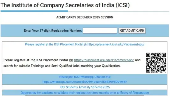 <strong>ICSI CS Admit Card 2025:</strong> ICSI has released the admit cards for the CS December 2025 session exam. The admit card can be accessed