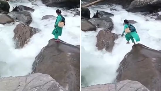 In a video that has gone viral, a nurse in Himachal Pradesh was seen risking her own life as she jumped over a raging river to reach a newborn who had to be immunised. Kamla Devi, a 40-year-old health worker, was seen jumping from one boulder to another as she held her shoes in one hand and her backpack over her shoulders to cross a raging river in Mandi.