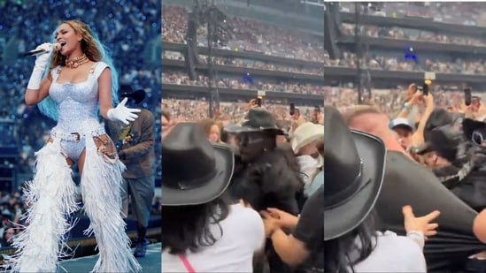 In the video, two men wearing cowboy outfits were seen beating another person. The incident took place just a few rows away from the stage. A fight broke out amongst concert goers at singer Beyoncé's concert in London. A person took to TikTok to share a clip of the incident, which was posted on X (formerly Twitter) by Brazilian entertainment website Hugo Gloss. (Also Read | Massive fight breaks out during Beyoncé’s show in Chicago as fans throw kicks and punches at each other. Watch)
