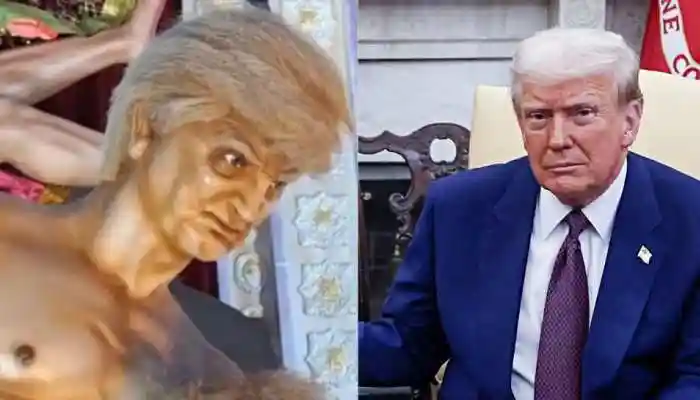 In West Bengal's Murshidabad district, an idol of Goddess Durga in traditional form is being viral as the demon Mahishasura closely resembles US President Donald Trump. A Durga Puja pandal in West Bengal's Murshidabad district has gone viral for its unusual depiction of US President Donald Trump as the demon Mahishasura. The Khagra Swashan Ghat Durga Puja Committee in Baharampur unveiled the idol during the festival, attracting attention from social media users across the country.