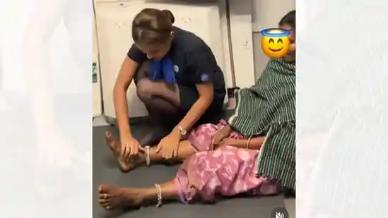 IndiGo cabin crew massages elderly passenger's legs mid-flight