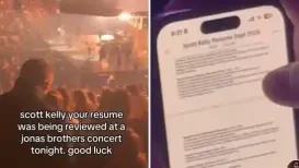 A video showing a man reviewing the resume belonging to an individual named “Scott Kelly” while at a Jonas Brothers concert went crazy viral on
