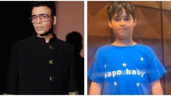 Karan Johar often takes to his Instagram account to share updates about his films and personal life. On Saturday, the filmmaker posted a hilarious video of his son Yash on Instagram, in which Yash flaunted a ‘nepo baby' shirt. Who gave Yash the shirt? Karan said that the female actor made him promise not to reveal her name.