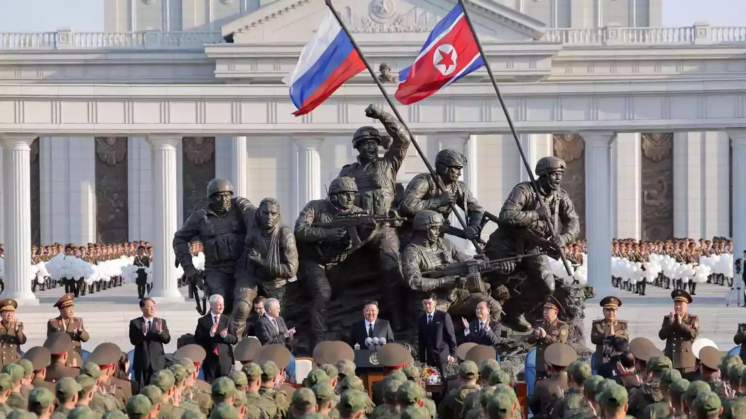 North Korean leader Kim Jong Un and Russian Defence Minister Andrey Belousov have unveiled a memorial in Pyongyang for North Koreans who have died fighting in